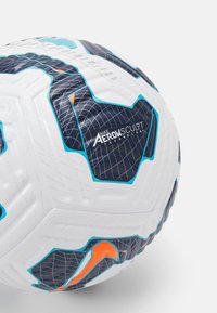 White soccer ball featuring a blue and black geometric design, textured surface, and "Nike Aerowsculpt Technology" branding in dark blue.
