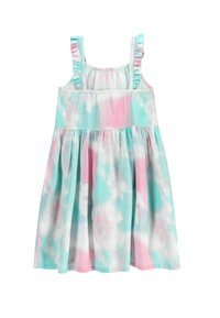 Sukienka bez rękawów wykonana z lekkiego materiału, z wzorem tie-dye w pastelowym różu i aqua, z falbaniastymi ramiączkami i zebranym w pasie.