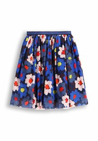 Spódnica w kwiaty z granatowym tłem i czerwonymi, niebieskimi, żółtymi oraz różowymi kwiatami. Z plisowanym fasonem i elastycznym paskiem w talii.