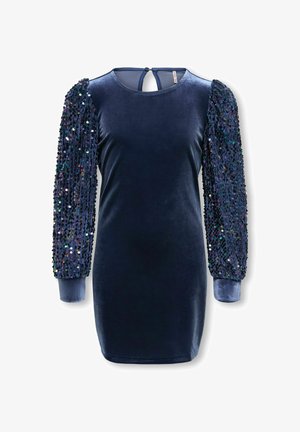 Mornaricki baršunasti haljinu s puf rukavima ukrašenim šljokicama, okruglim izrezom i otvorom na leđima. Glatka tekstura s sjajnim akcentima.
