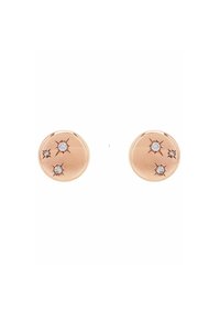 Orecchini circolari in oro rosa presentano tre accenti di diamante, creando una superficie texturizzata con una finitura lucida.