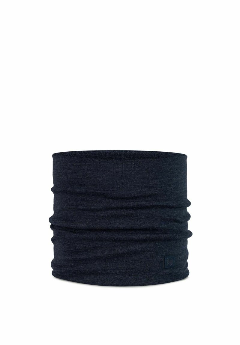 Donkerblauwe nekkraag van zachte, rekbare stof. Heeft een naadloos ontwerp met subtiele plooien en een klein logovlekje.