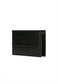 Portefeuille en cuir noir avec une texture lisse, de forme rectangulaire, accents cousus et logo de la marque en relief à l'avant.