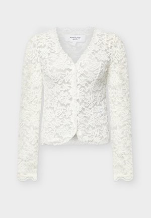Cardigan blanc à manches longues en dentelle avec motif floral, col en V, bords festonnés, étiquette Rosemunde Copenhagen, taille small.