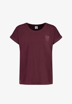 Short-sleeve burgundy T-shirt with rolled cuffs and small "SUB LEVEL" text printed on the upper left chest, size medium.