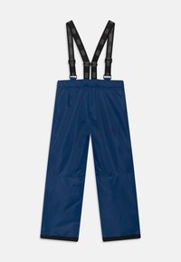 Marineblaue wasserdichte Hose mit verstellbaren schwarzen Trägern. Glatte Textur, weite Beine und schwarze Akzente an den Knöcheln.