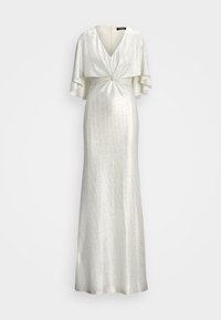 Silver golvlång klänning med djup V-ringning, breda capeärmar och rynkad detalj i mitten. Texturerat tyg med en glittrig finish.