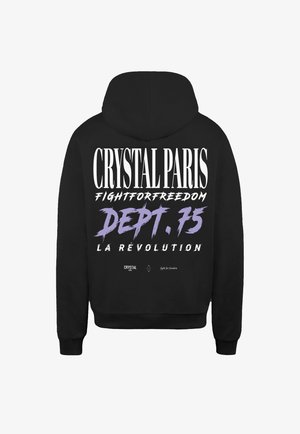 Czarna bluza z kapturem z kieszenią z przodu, z dużym białym i fioletowym napisem: "CRYSTAL PARIS FIGHTFORFREEDOM DEPT. 15 LA RÉVOLUTION." Materiał bawełniany.