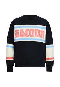 Czarna bluza z kapturem z napisem "AMOUR" w czerwonych literach. Poziome paski w jasnoniebieskim, kremowym i koralowym kolorze na klatce piersiowej i rękawach. Żebrowane mankiety.
