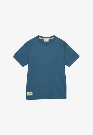 Rövid ujjú kék pamut póló, kerek nyakkivágással és címkével az alsó bal oldalon. Simas textúra és laza szabás.