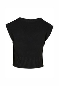 Maglione nero cropped con maniche corte, texture a coste all'orlo e finitura liscia sul corpo. Design semplice e minimalista.