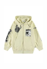 Hoodie giallo chiaro con chiusura a zip, caratterizzato da grafiche nere, tasca frontale e cappuccio. Materiale morbido e vestibilità comoda.