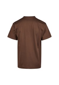 Brown cotton t-shirt with a crew neckline, short sleeves, and a relaxed fit. Smooth texture, solid color, and no visible patterns or accents.