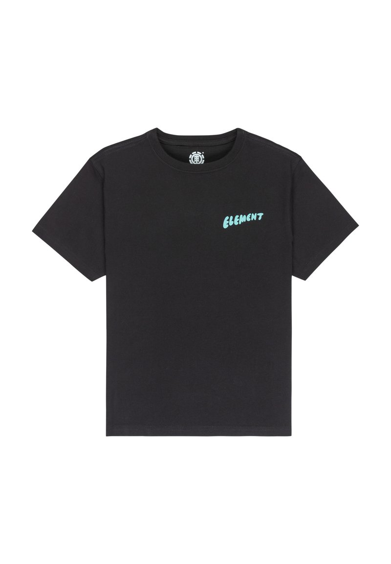 Zwarte t-shirt met korte mouwen en ronde hals, met lichtblauwe "ELEMENT"-tekst op de linkerkant van de borst.