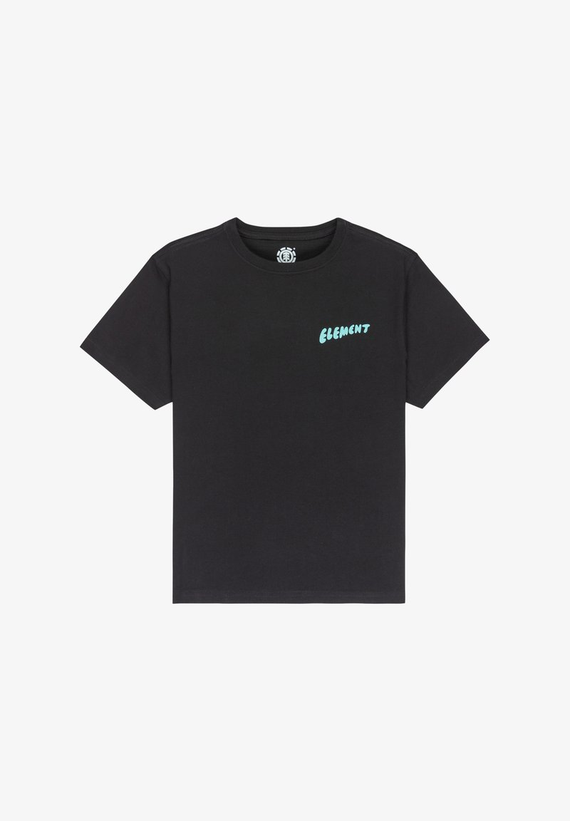 Zwarte t-shirt met korte mouwen en ronde hals, met lichtblauwe "ELEMENT"-tekst op de linkerkant van de borst.