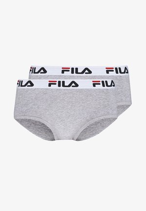 Boxer briefs de algodão cinza com uma cinta elástica branca, apresentando a marca "FILA" em preto e vermelho; textura suave e design ajustado.