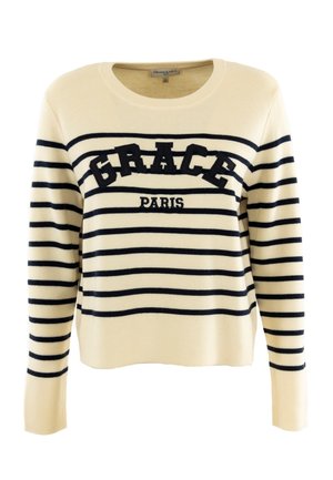 Pull crème avec des rayures horizontales bleu marine. "GRACE PARIS" brodé sur la poitrine. Texture douce, encolure ronde et manches longues.