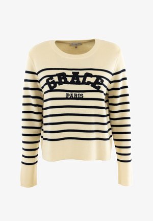 Maglione crema con righe orizzontali blu navy. "GRACE PARIS" ricamato sul petto. Tessuto morbido, scollatura rotonda e maniche lunghe.