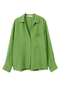 Chemise verte à manches longues avec col, poche poitrine avant et poignets boutonnés, présentée sur fond blanc.
