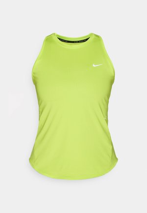 Top da palestra Nike di colore verde lime, con collo alto e senza maniche. Presenta un piccolo logo Swoosh bianco sul petto. Texture liscia.