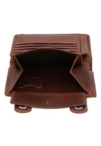 Brown leather wallet open, showing multiple card slots and a spacious coin pocket with snap button closure.