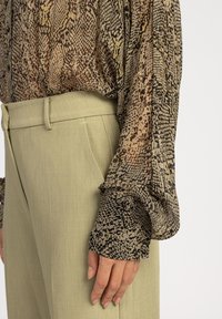 Transparante blouse met slangenprint in bruintinten, met luchtige mouwen, gecombineerd met lichtgroene, op maat gemaakte broeken met een soepele textuur en plooien.