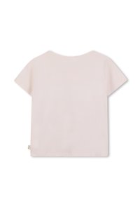 Korte mouw, ronde hals t-shirt van zacht, lichtroze katoen. Eenvoudig ontwerp met een rechte zoom en een klein logootje aan de zijnaad.