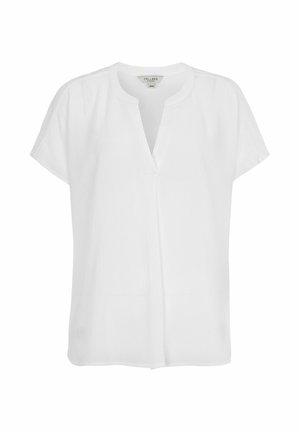 Weiße Kurzarmbluse aus strukturiertem Stoff, runder Ausschnitt mit einem vorderen V-Schlitz und geradem Saum.