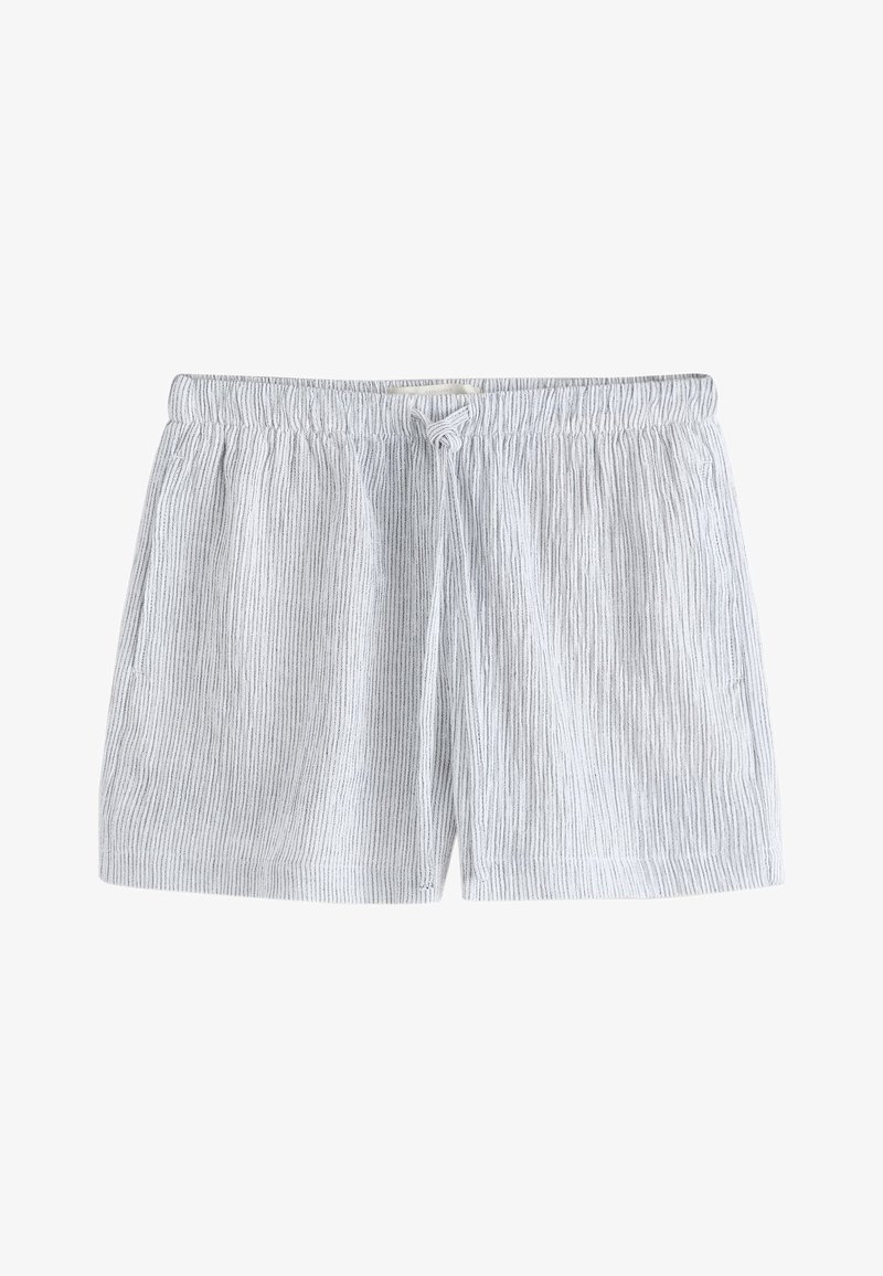 Shorts décontractés gris clair avec fines rayures verticales, taille élastique et cordon de serrage à l’avant.