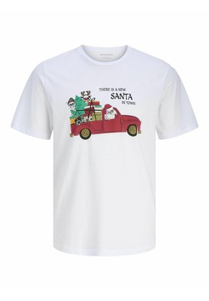 Weißes Baumwoll-T-Shirt mit einem Grafikmotiv eines roten Trucks, beladen mit Geschenken, zwei Weihnachtsmannfiguren und dem Text "ES GIBT EINEN NEUEN WEIHNACHTSMANN IN DER STADT."