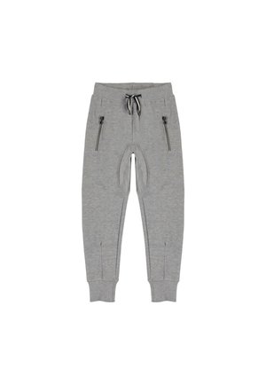 Pantalon de survêtement gris avec taille élastique, cordon noir, deux poches avant zippées et poignets côtelés aux chevilles.