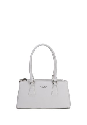 Borsa rettangolare bianca con doppi manici, superficie testurizzata e zip argento, marchiata "DIANA&CO FIRENZE" sul davanti.