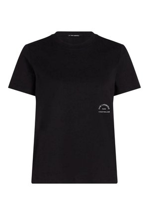 Zwarte T-shirt met korte mouwen en ronde hals met kleine witte tekst "Karl Lagerfeld Paris" linksonder aan de voorkant.