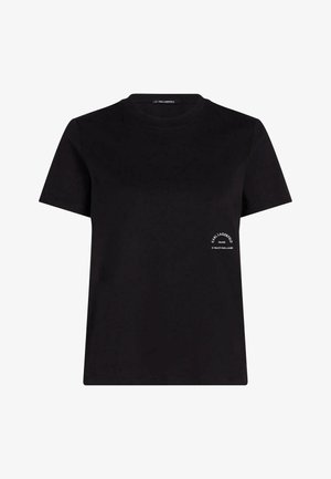 Zwarte T-shirt met korte mouwen en ronde hals met kleine witte tekst "Karl Lagerfeld Paris" linksonder aan de voorkant.
