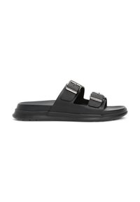 Black open-toe sandals made of textured synthetic material, featuring two adjustable straps with metallic buckles and a rubber sole.