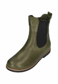 Olive green leather ankle boot with black elastic sides, rounded toe, and textured rubber sole, featuring a pull tab for easy wear.