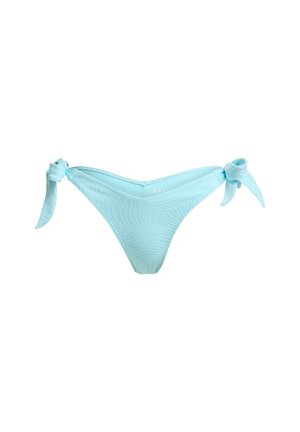 Bas de bikini bleu clair avec un motif texturé de feuilles. Doté de liens latéraux ajustables. Fabriqué en tissu lisse et extensible.