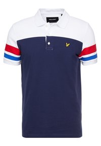 Navy polo shirt with white collar and sleeves. Features red and blue bands on sleeves and a small yellow logo on the chest. Made from textured fabric.