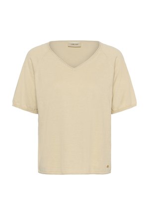 Bež kratka majica z V-izrezom. Mehka tkanina, sproščen kroj in majhen logotip na spodnji levi strani.