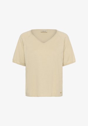 Beež lühikeste varrukatega pluus V-kaelusega. Pehme materjal, lõdvestunud lõige ja väike logo vasaku alumise külje juures.