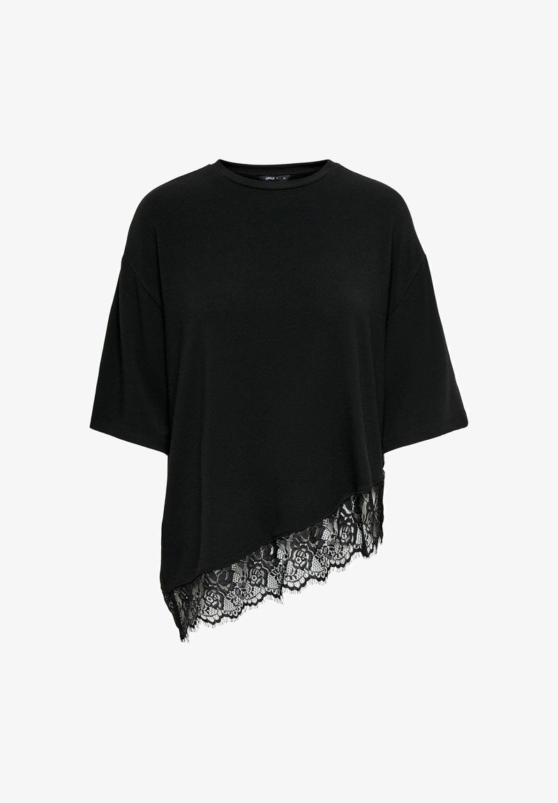 Haut noir à manches courtes avec encolure ronde et ourlet asymétrique orné d'une finition en dentelle florale noire.
