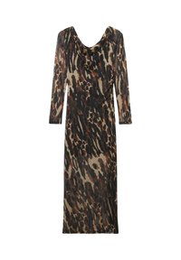 Abito con stampa leopardata, scollo drappeggiato, maniche lunghe e silhouette aderente in tonalità di marrone, nero e beige.
