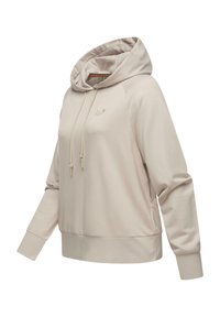 Beige hoodie with a drawstring hood, long sleeves, and elastic cuffs. Features a subtle logo on the chest and a smooth fabric texture.