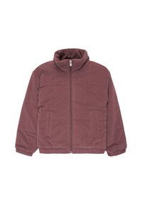 Corduroy jacket in deep mauve, featuring a high collar, front pockets, and a zipper closure. Textured fabric and padded design.