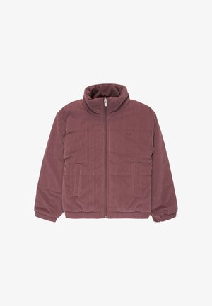 Kurtka z korduroy w głębokim mauve, z wysokim kołnierzem, przednimi kieszeniami i zamkiem błyskawicznym. Teksturowany materiał i wyściełany krój.