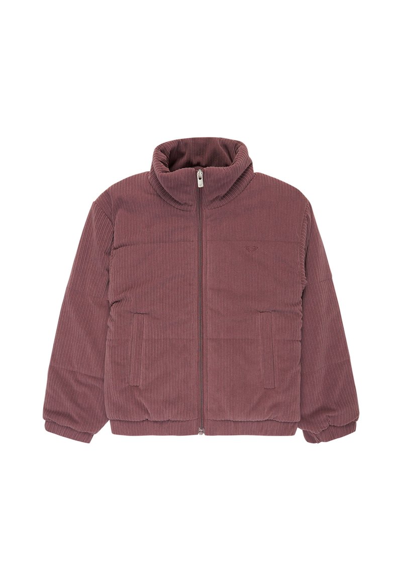 Corduroy jacket in deep mauve, featuring a high collar, front pockets, and a zipper closure. Textured fabric and padded design.