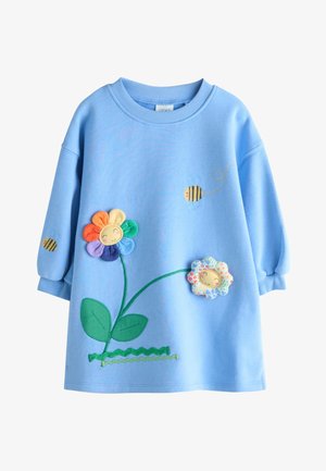 Svetlomodrá košeľa s dlhým rukávom s farebnými aplikáciami usmievajúcich sa kvetín a vyšívanými včelami, s rebrovanými manžetami a okrúhlym výstrihom.