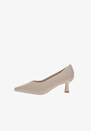 Escarpin beige pour femme à bout pointu, talon kitten bas et dessus en tissu texturé, présenté de profil sur fond blanc.