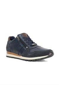 Navy leather and suede sneaker with a zip closure, lace-up front, and textured accents. Features a white midsole and rubber outsole.