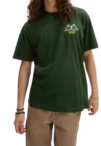 Green cotton t-shirt with short sleeves. Features Vans logo graphic on the chest. Crew neck design, relaxed fit, soft texture.